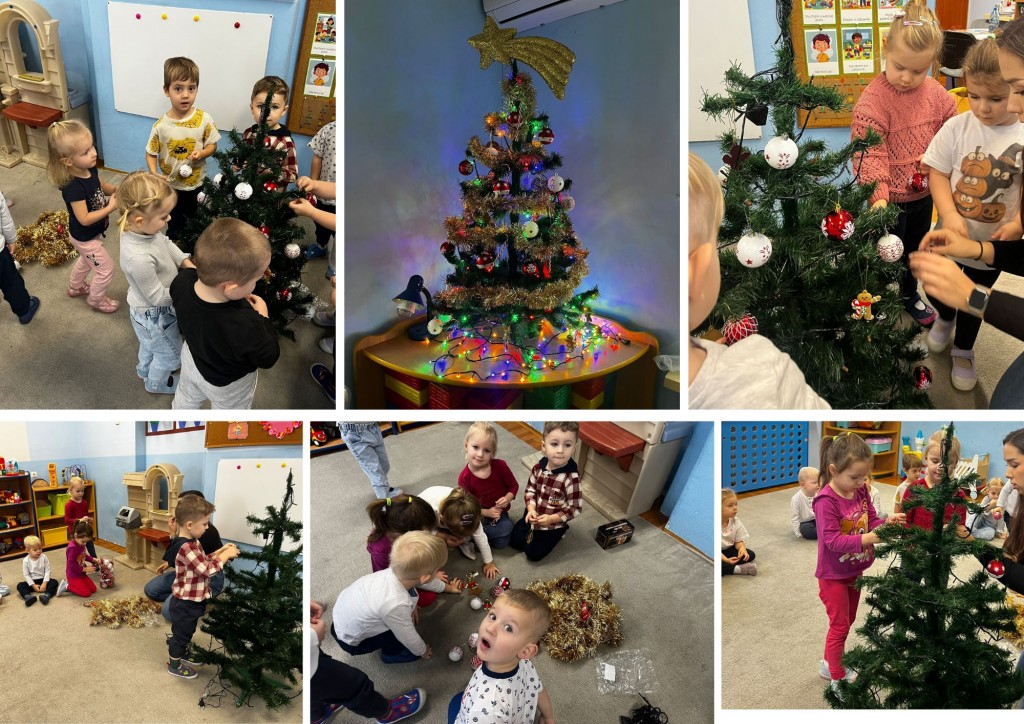 Misie stroją choinkę